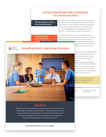 Rise Health Solutions two-sided brochure for hospitals