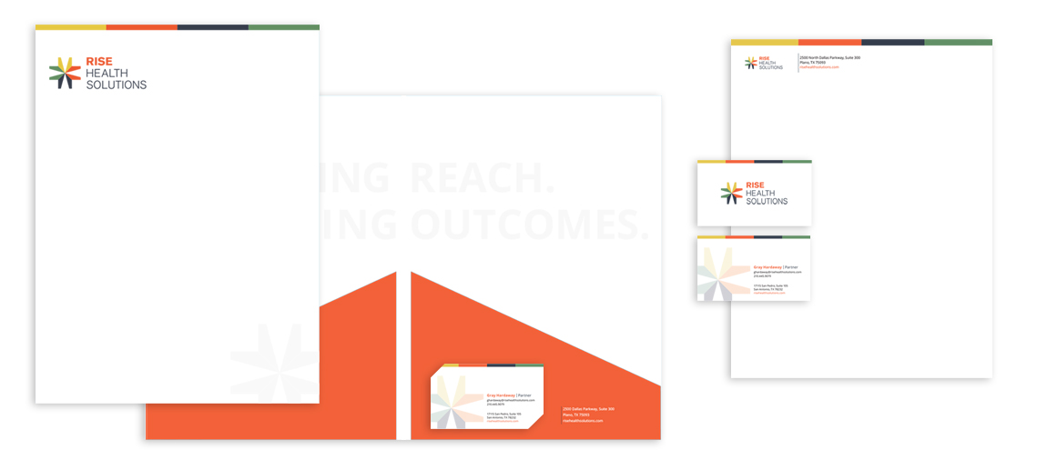 Rise Health Solutions stationery featuring number 10 business envelope, business cards, letterhead and pocket folder.
