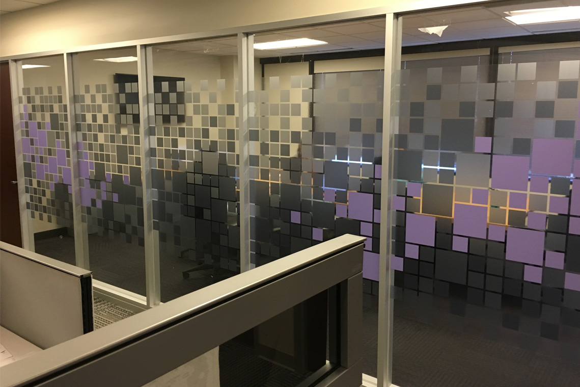 Purple conference room graphics for way-finding and privacy