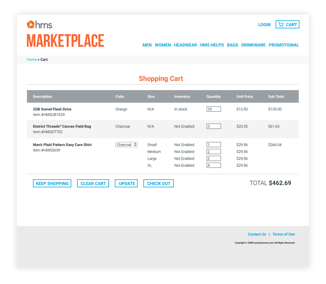 HMS Marketplace shopping cart page