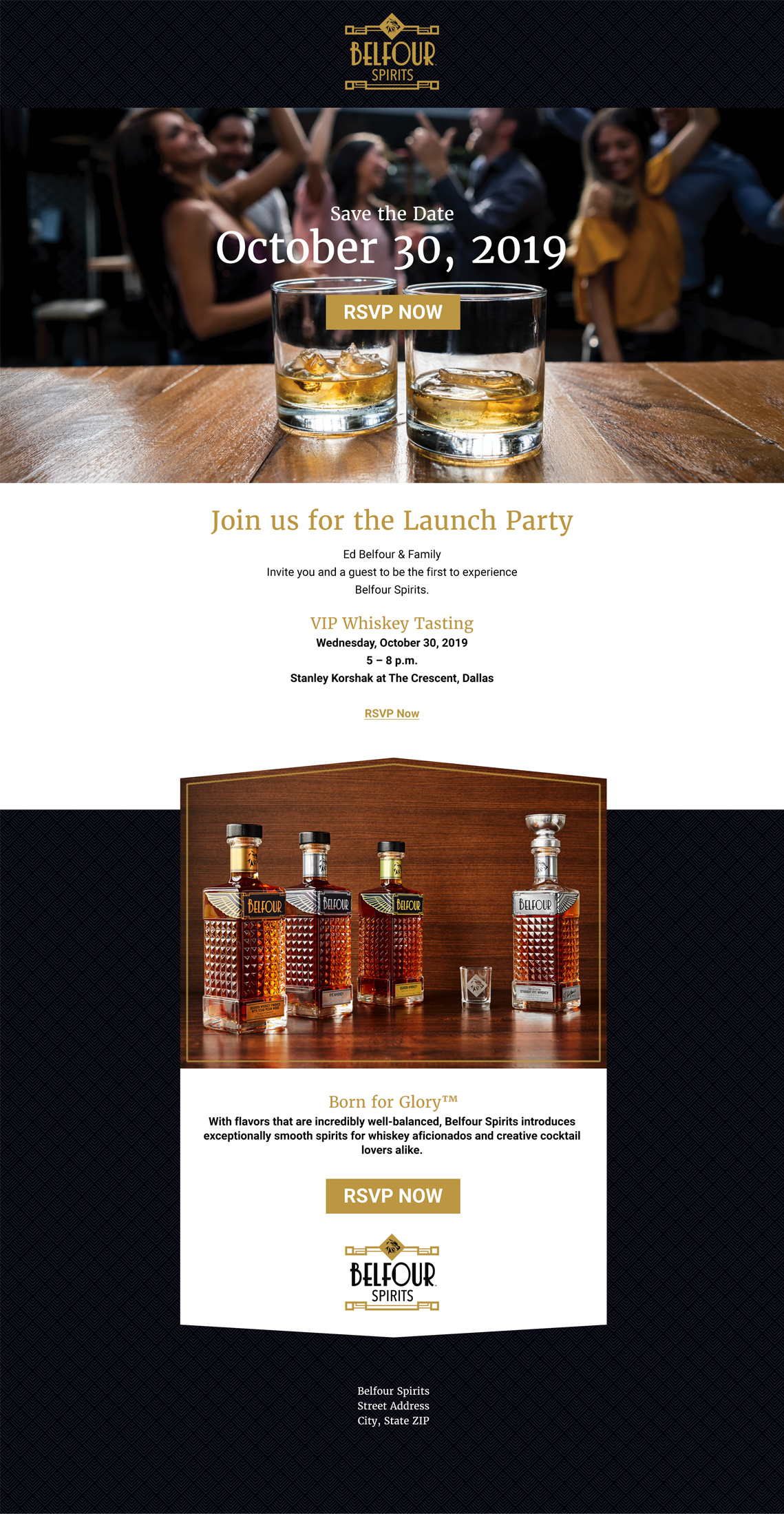 Email invitation featuring images of people dancing and enjoying whiskey along with product shots