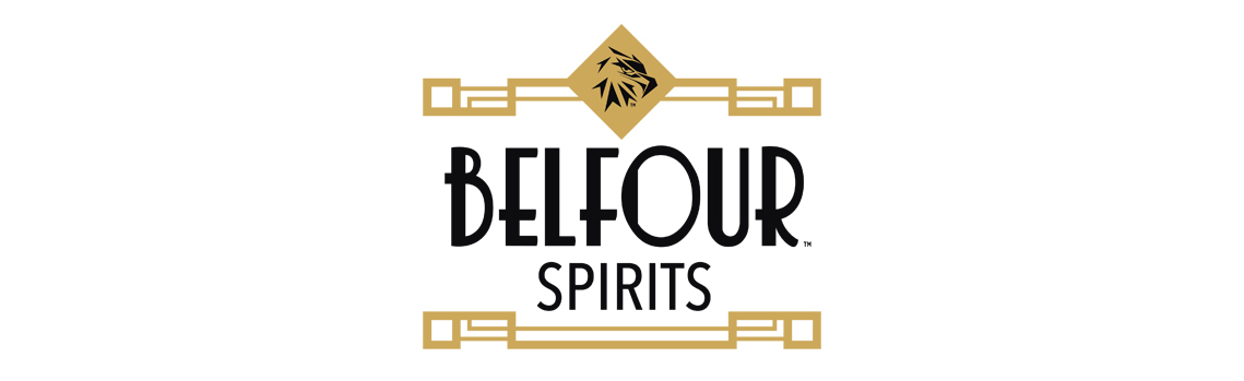 Belfour Spirits logo featuring the diamond eagle logo mark with art deco-inspired lines in metallic gold and black