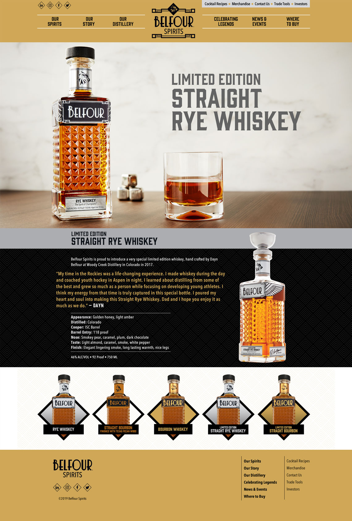 Product page of website featuring information and imagery of the Limited Edition Rye Whiskey