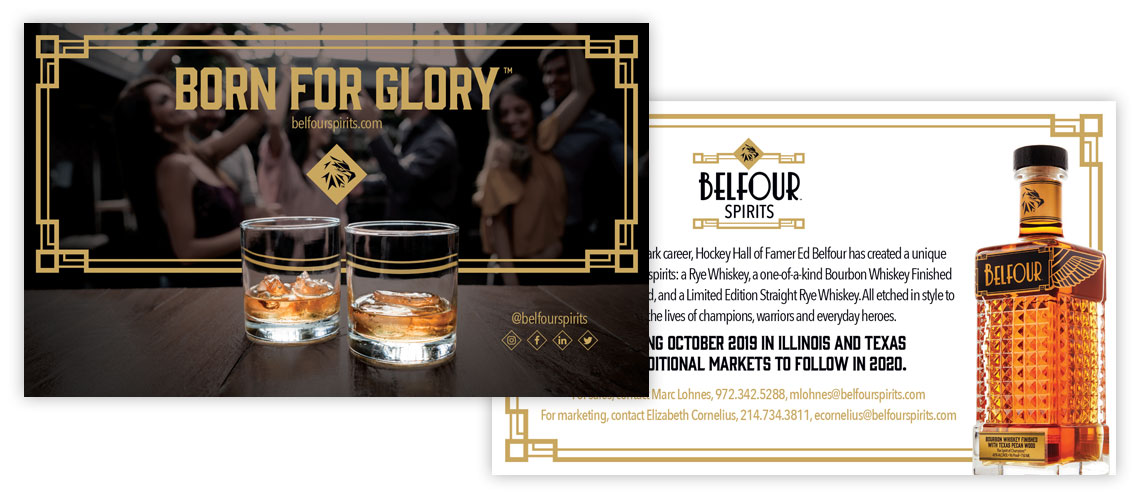 Promo card featuring a group of friends dancing and enjoying whiskey on one side with information about the upcoming launch of the new whiskey line with a bottle shot on the back