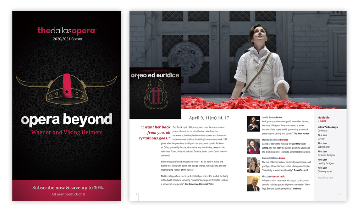 Production book cover and inside spread featuring Orfeo ed Euridice