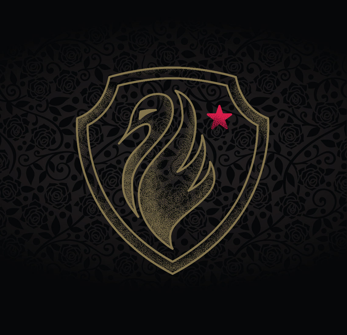 Shield with a swan and single red star on a black rose textured background