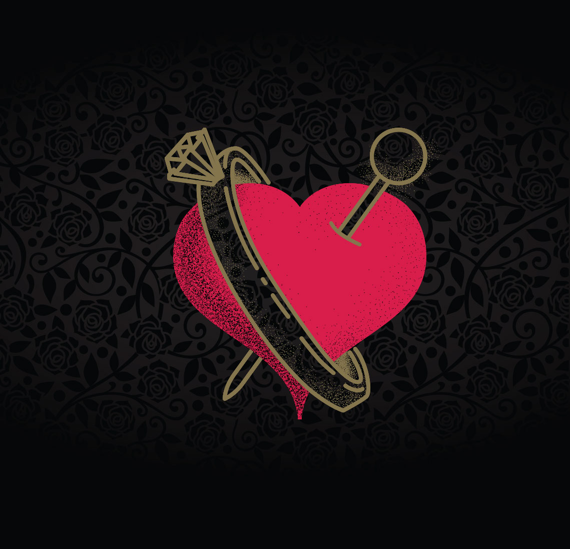 heart with a wedding ring and a pin on a black rose textured background