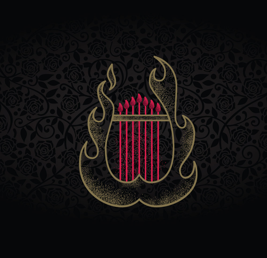 Illustration of a flame shaped lyre on a black rose textured background