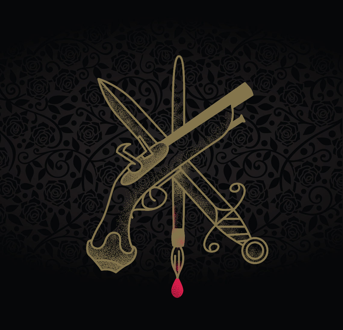 Paint brush dripping red paint with a criss-crossed dagger and pistol on a black rose textured background