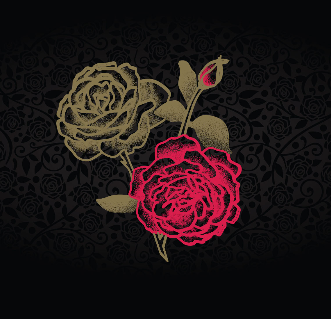 Red and gold roses on a black rose textured background