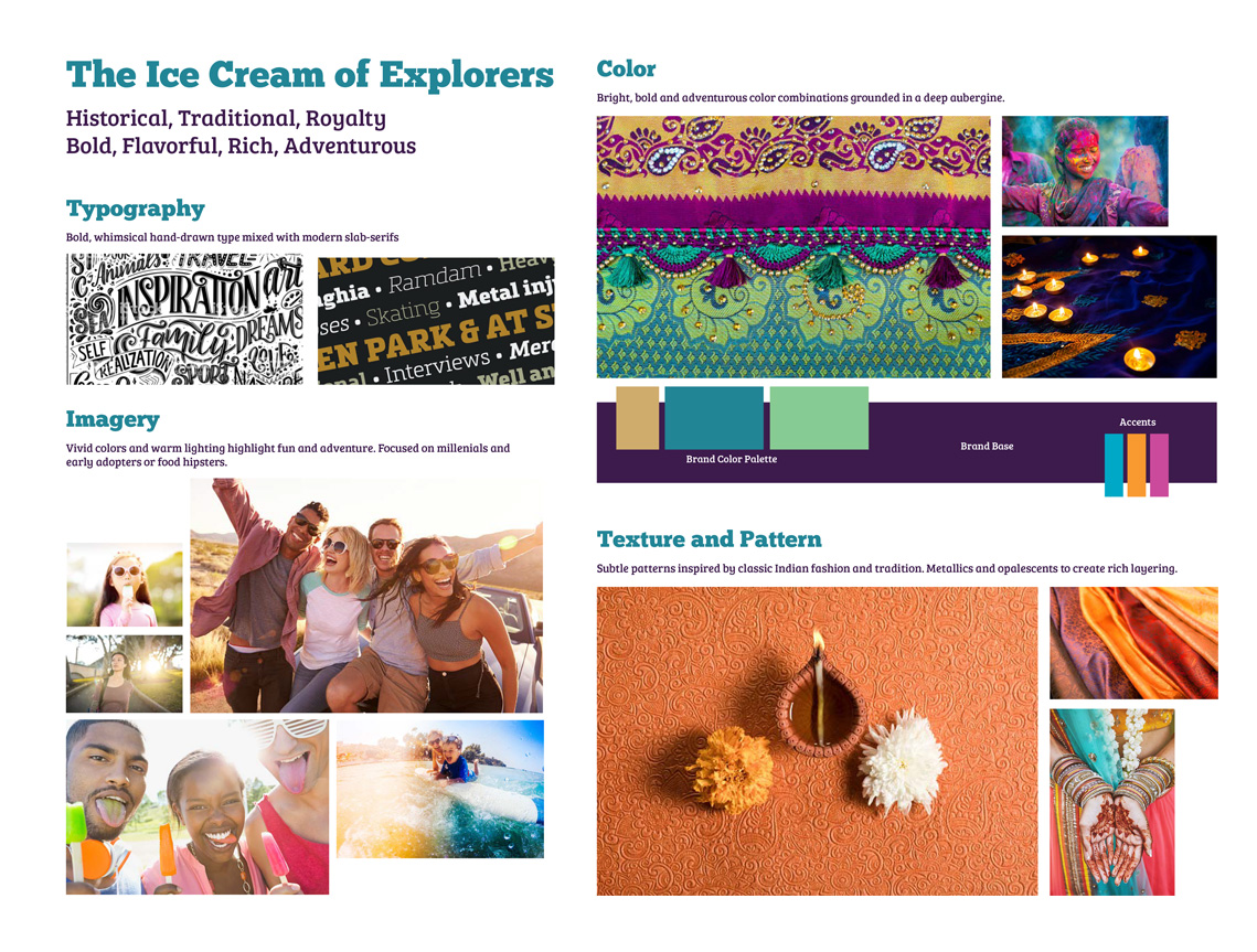 Moodboard for adventurous explorers featuring rich colors and patterns from Southern Asia, hand-drawn typography and young groups of people enjoying frozen snacks with lots of energy. The theme line is the ice cream of explorers