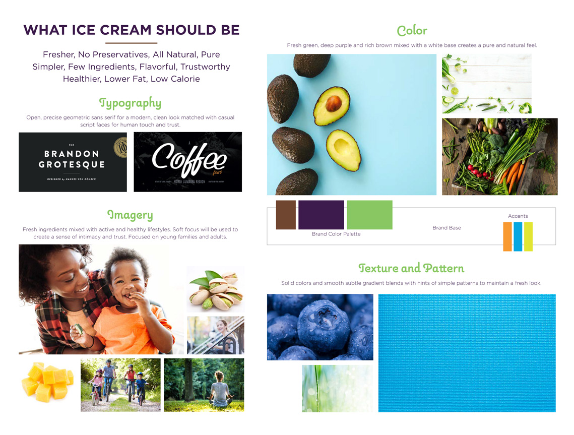 Moodboard for the health conscious snackers featuring fresh ingredients, simple clean colors and backgrounds, modern sans-serif type and moms with young kids exercising outdoors. The theme line is what ice cream should be.