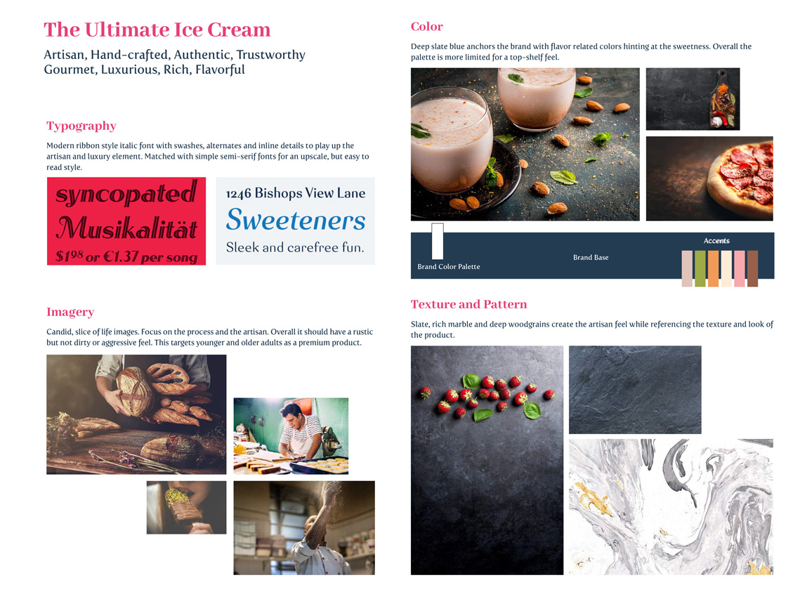 Moodboard for the gourmands or luxury lovers with images of artisan foods and concoctions with textured deep colored marble and slate greys, simple script fonts, images of bakers and cooks with great food shots. The theme line is the ultimate ice cream.