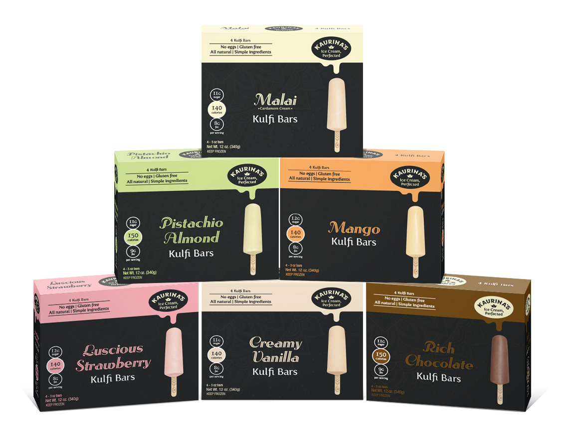 Pyramid of four pack of full size bars for malai, pistachio almond, mango, strawberry, vanilla and chocolate