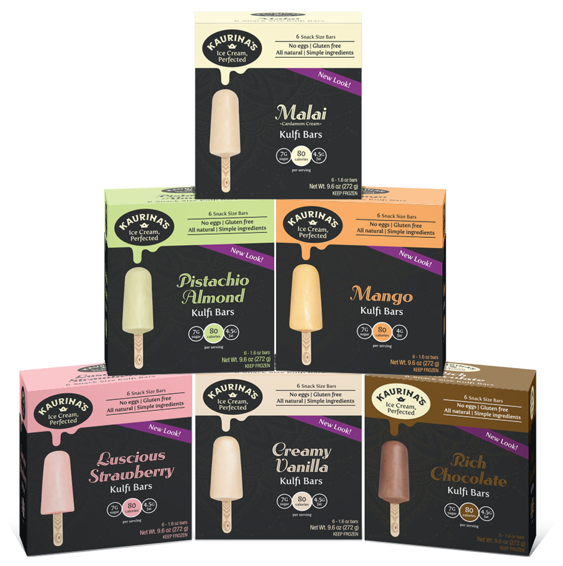 Pyramid of six pack of snack size bars for malai, pistachio almond, mango, strawberry, vanilla and chocolate