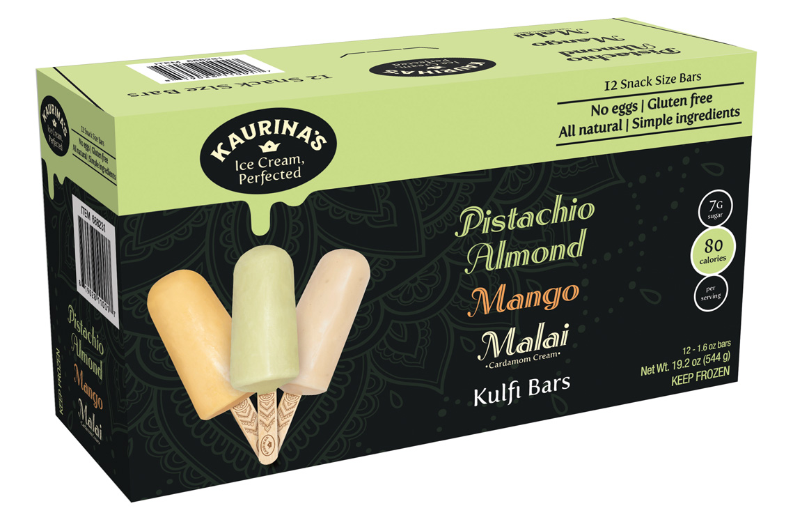 Variety pack featuring 12 snack size pistachio almond, mango and malai bars