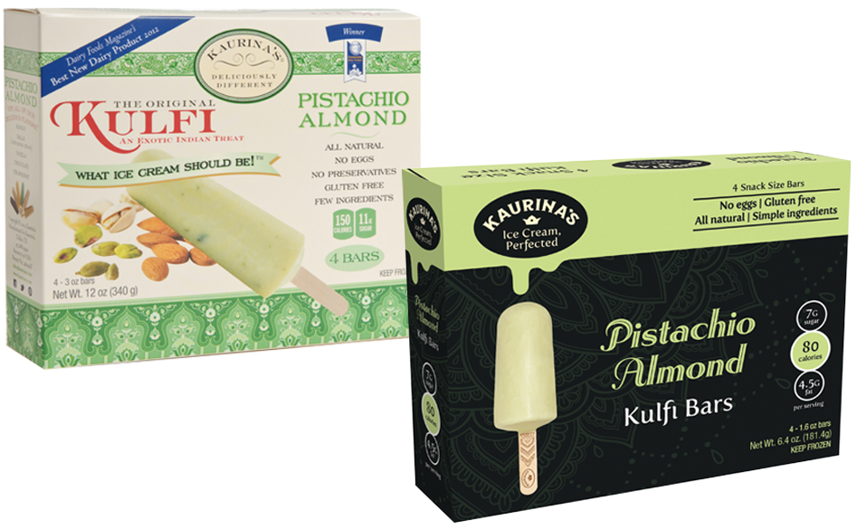 Before and after packaging for pistachio almond four pack snack size