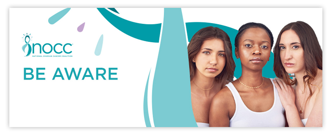 Facebook cover photo featuring three confident women wrapped in the ovarian cancer ribbon with the message be aware