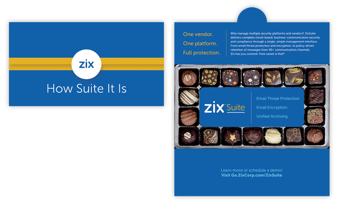 Outside and inside of direct mail featuring a box of chocolates with information about Zix Suite.